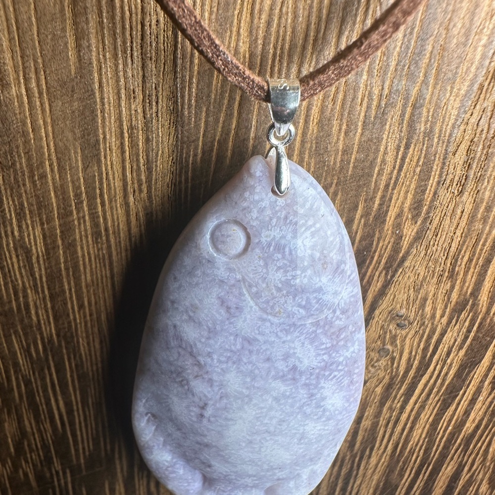 Ice Purple Coral Fossil Jade Fish Pendant Necklace on Brown Faux Suede - Picture 10 of 16